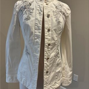White House Black Market Ivory Embroidered Jean Jacket